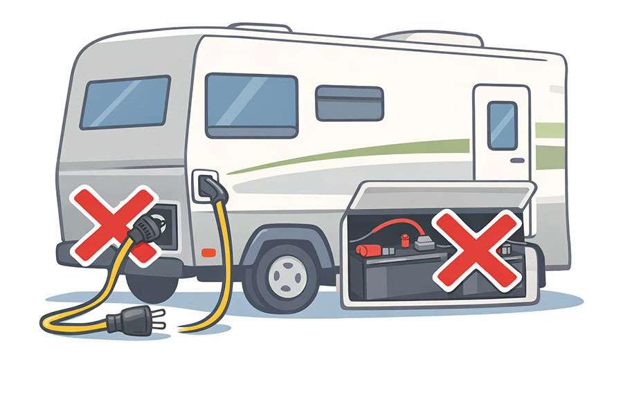 Illustration showing an RV with shore power unplugged and battery compartment open with a red X to indicate power disconnected