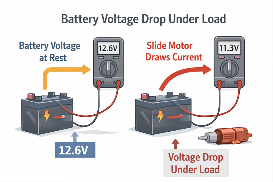 RV battery voltage dropping under load while powering a slide motor