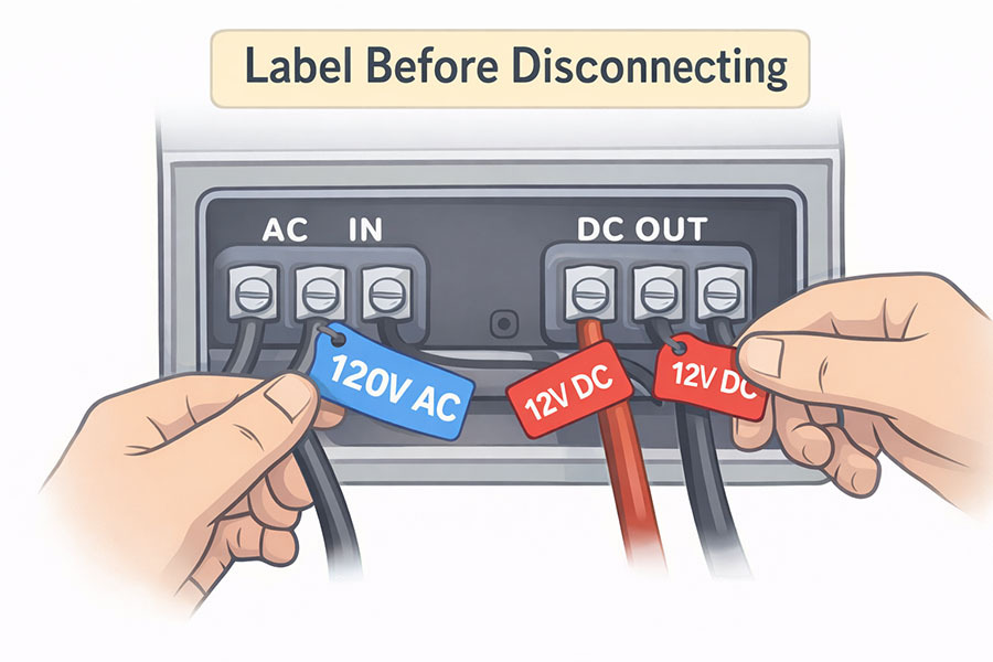 Hands labeling converter wires with a blue 120V AC tag and red 12V DC tags before disconnecting