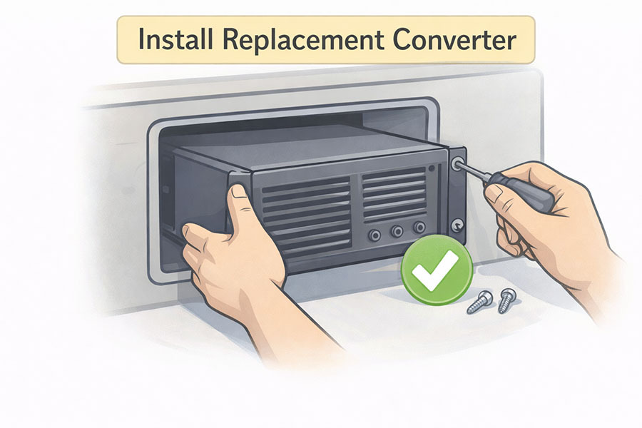 Illustration showing a new RV converter installed securely with screws and a green checkmark