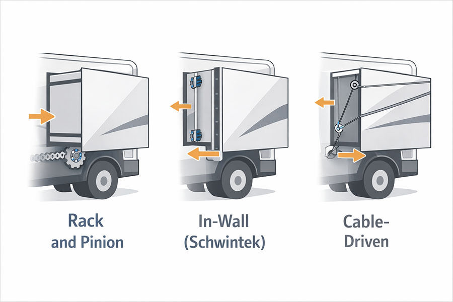Comparison of RV slide-out systems including rack and pinion, Schwintek, and cable-driven