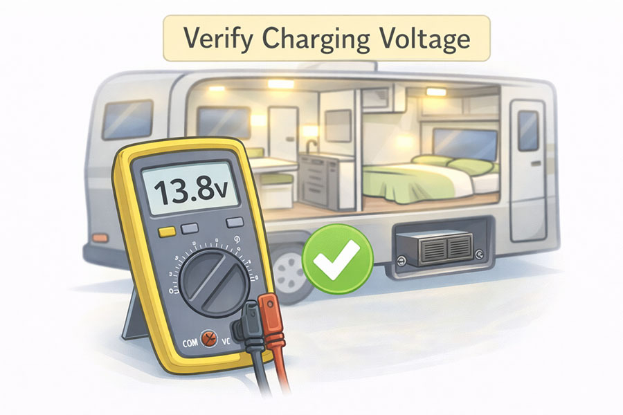Multimeter reading 13.8 volts with RV interior lights on indicating charging voltage is correct