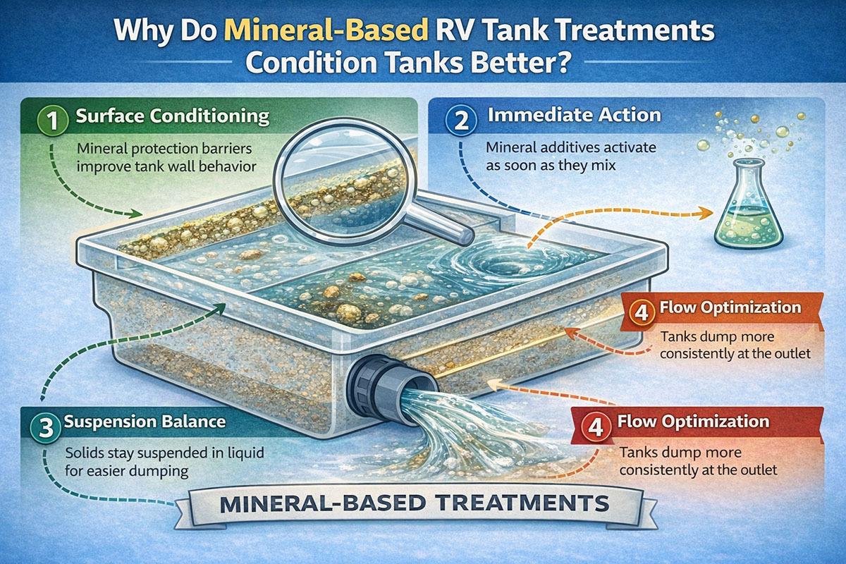 RV tank conditioning infographic showing hydration, suspension, mineral barrier, and flow optimization