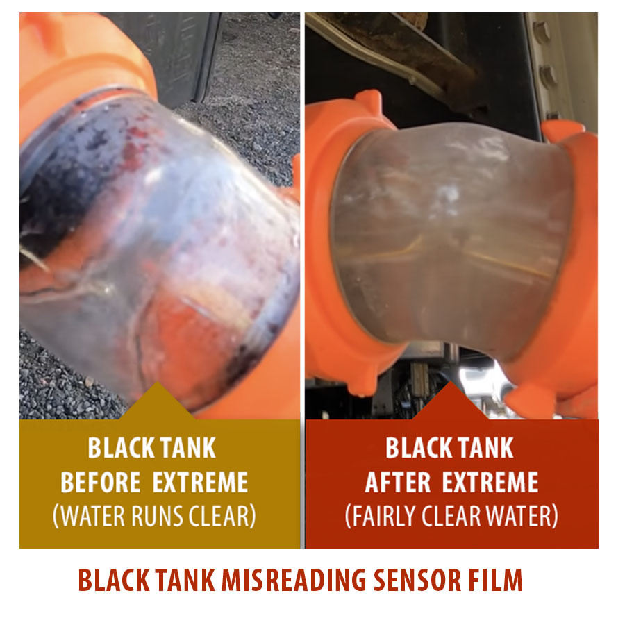 RV black tank sensor reset—single image showing BEFORE probes coated with sludge/paper and AFTER probes cleared following soak and thorough rinses.