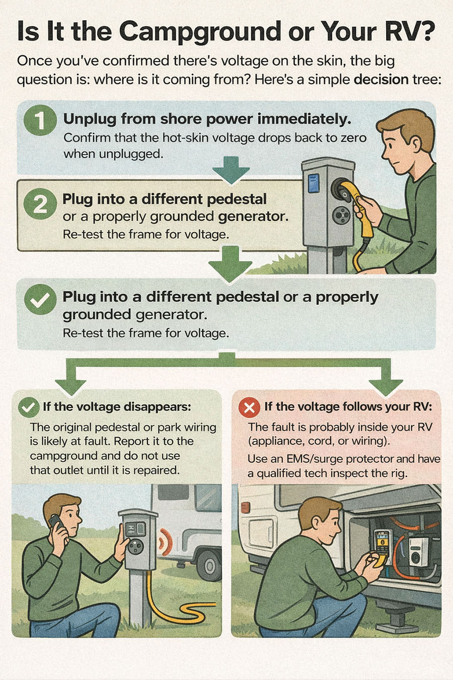 Decision tree to determine whether RV hot skin voltage comes from campground or RV