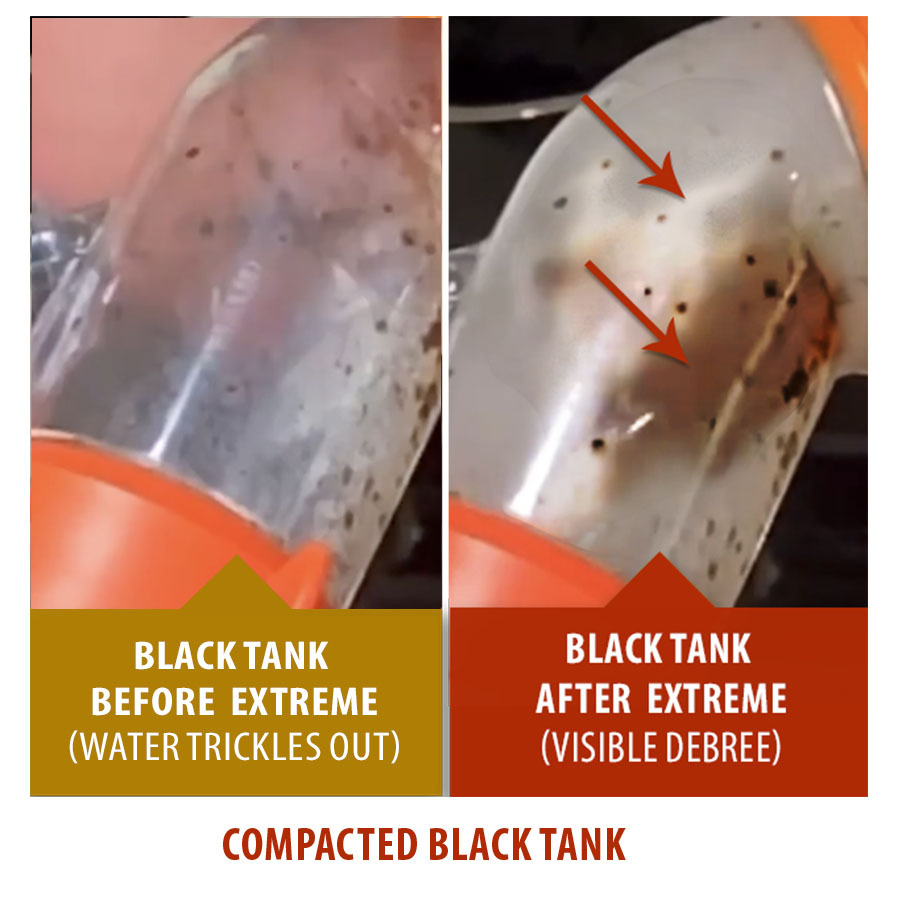 Compacted RV black tank reset—single image showing BEFORE outflow with dark debris and AFTER outflow running clearer after thorough rinse.