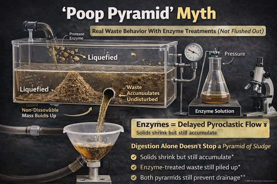 Scientific diagram explaining why poop pyramids form in RV holding tanks