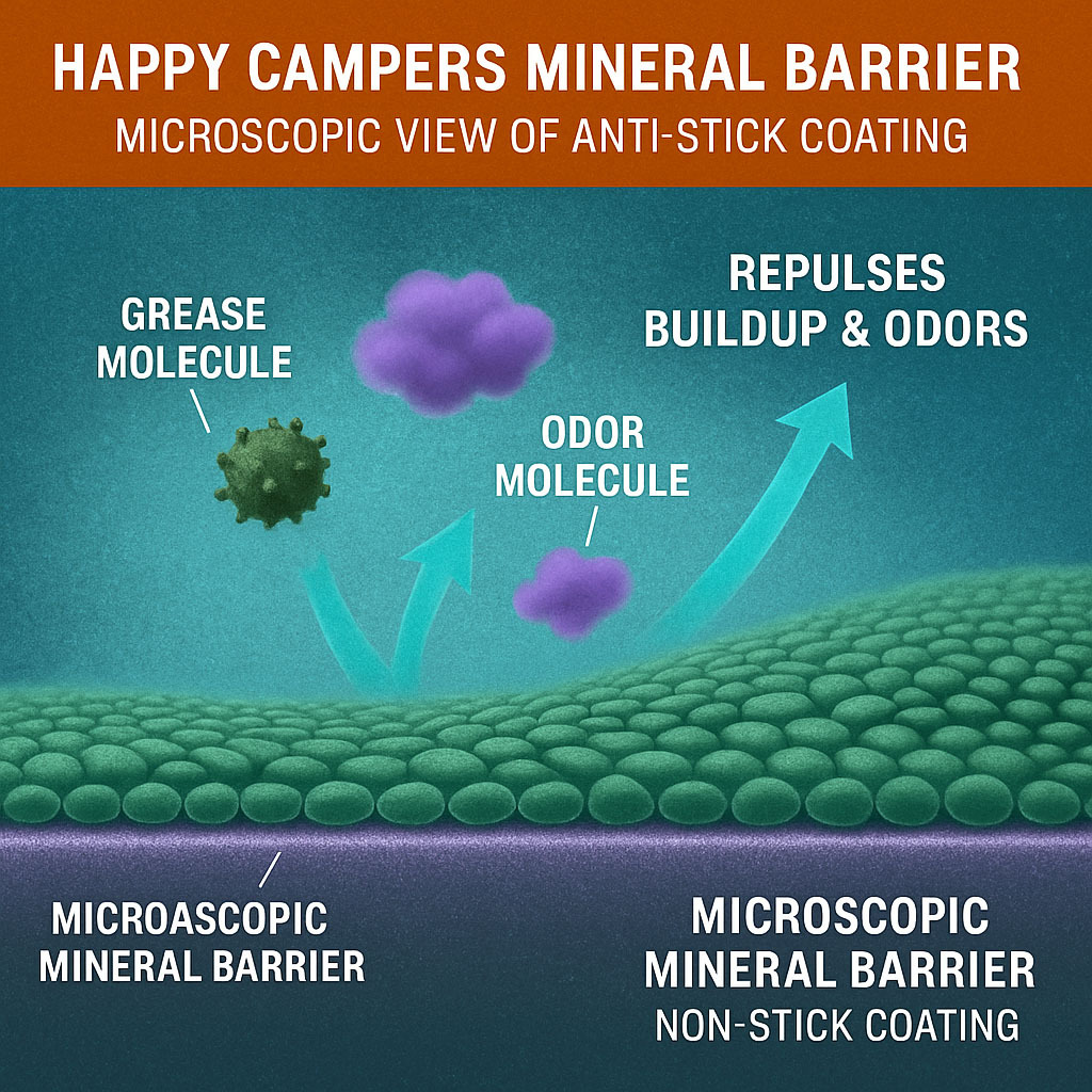 Microscopic cross-section of Happy Campers mineral barrier repelling buildup Microscopic cross-section diagram showing Happy Campers mineral barrier repelling grease, soap film, and odor molecules on RV tank wall