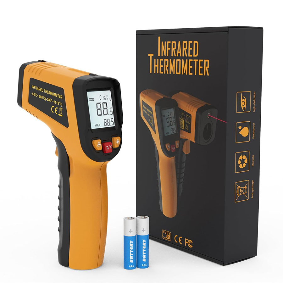 Infrared thermometer to check RV fireplace glass temperature