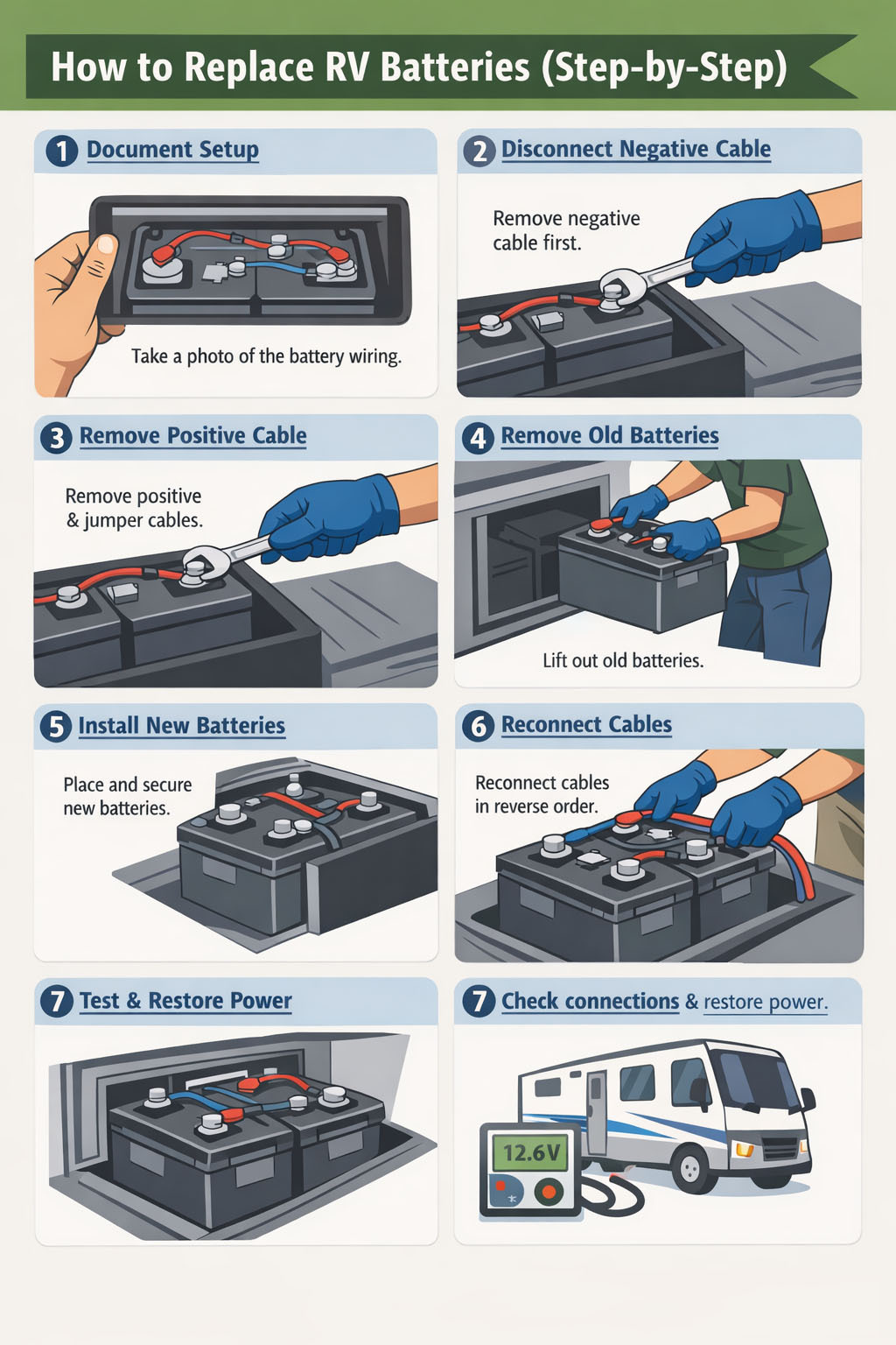 How to Replace RV Batteries Step by Step RV battery replacement steps infographic showing how to safely remove and install RV batteries