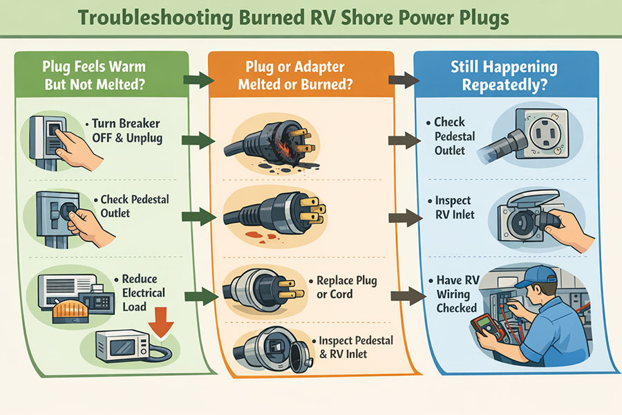 RV burned shore power plug caused by a loose campground pedestal outlet