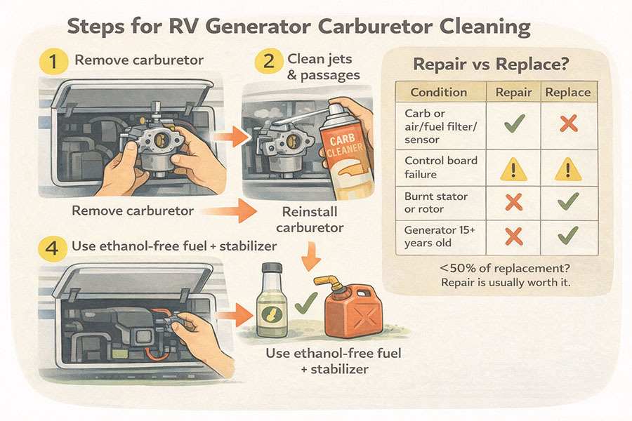 Steps for RV generator carburetor cleaning: remove carburetor, clean jets and passages with carb cleaner, reinstall, then use ethanol-free fuel and stabilizer; includes repair vs replace decision chart.