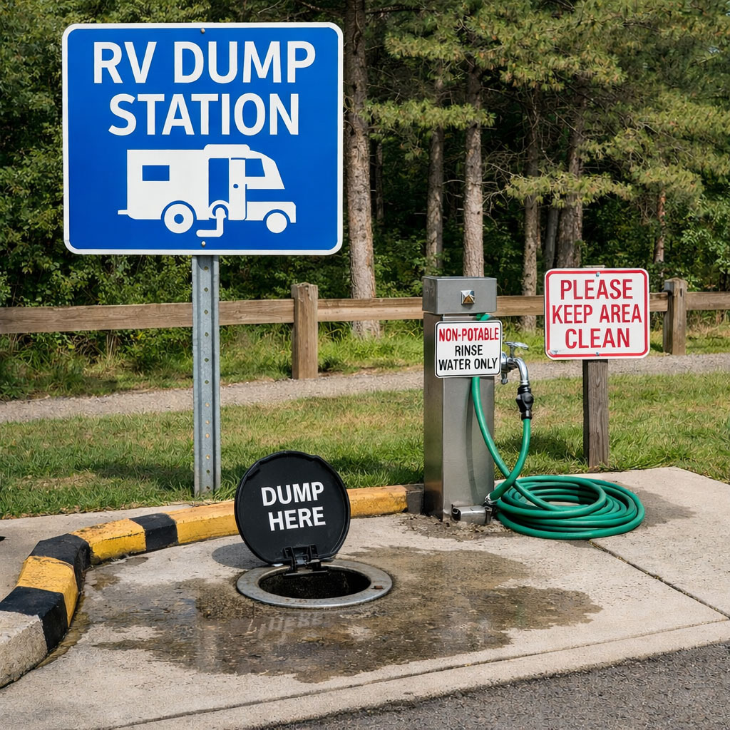 RV at a dump station with signage showing rules and hours