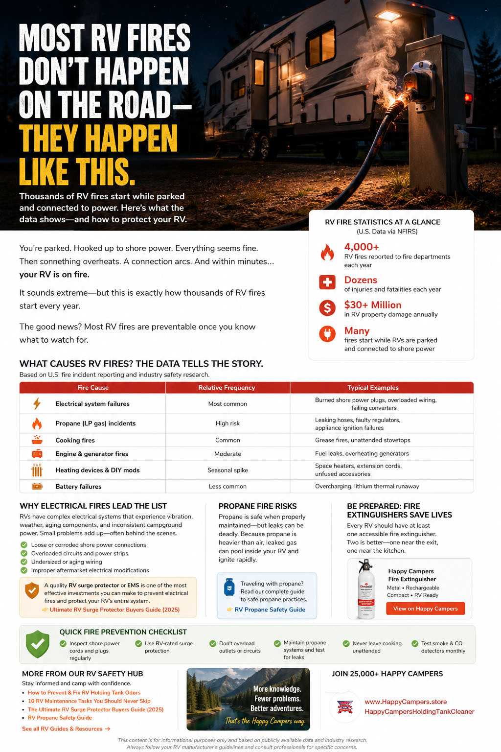 RV fires statistics and prevention infographic showing electrical risks, propane hazards, and safety checklist