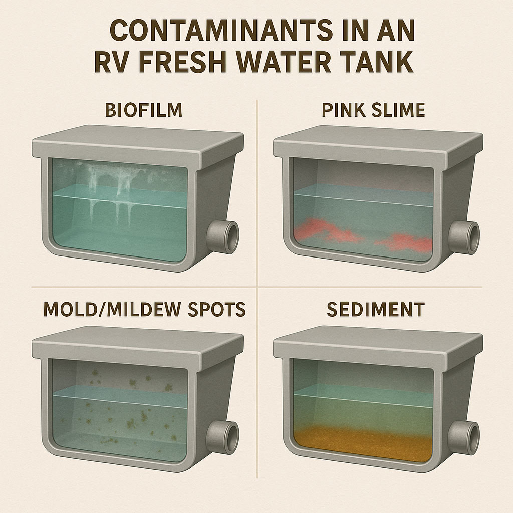 Close-up illustrations of pink slime, mold, biofilm, sediment, and hard water buildup in an RV fresh water system