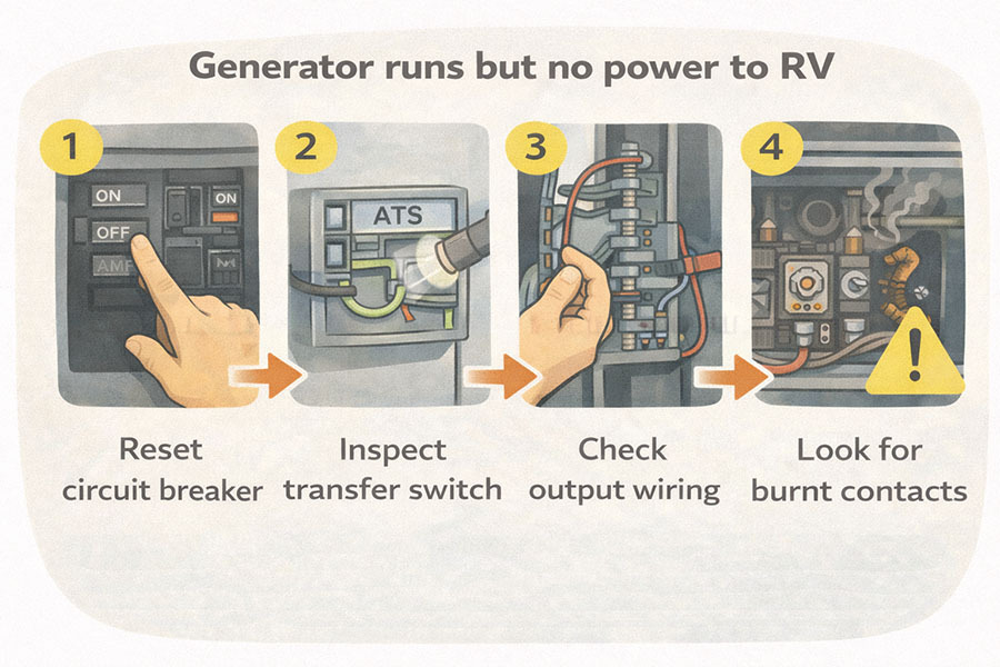 Infographic for RV generator runs but no power to RV: reset generator circuit breaker, inspect automatic transfer switch (ATS), check loose output wiring, and look for burnt transfer switch contacts.