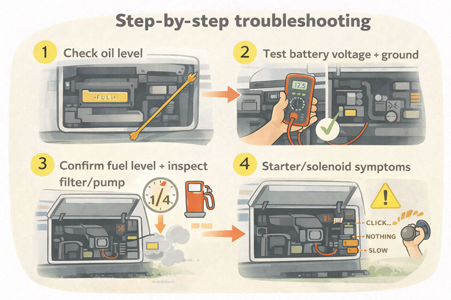 Step-by-step troubleshooting graphic for RV generator won&rsquo;t start: check oil level, test battery voltage and ground, confirm fuel level above one quarter tank and check fuel filter/pump, then test starter or solenoid symptoms.