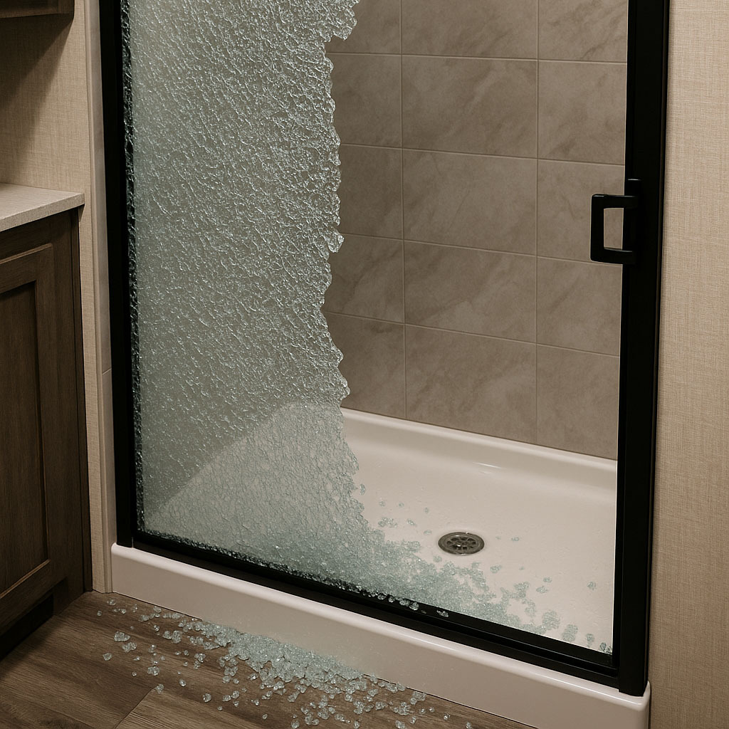 rv glass shower door shattered