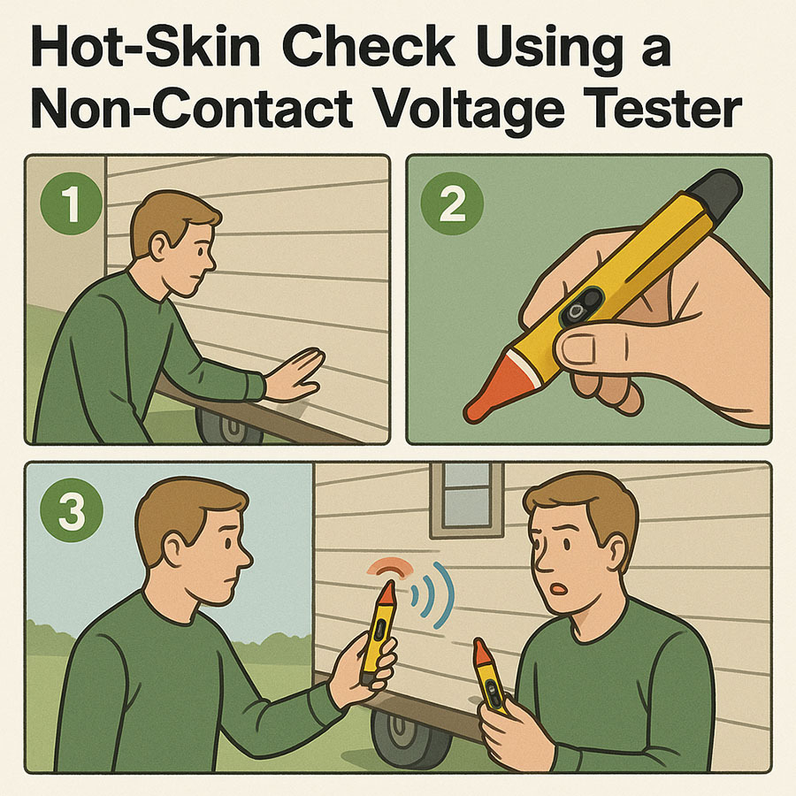 Using a multimeter to measure RV hot skin voltage on frame