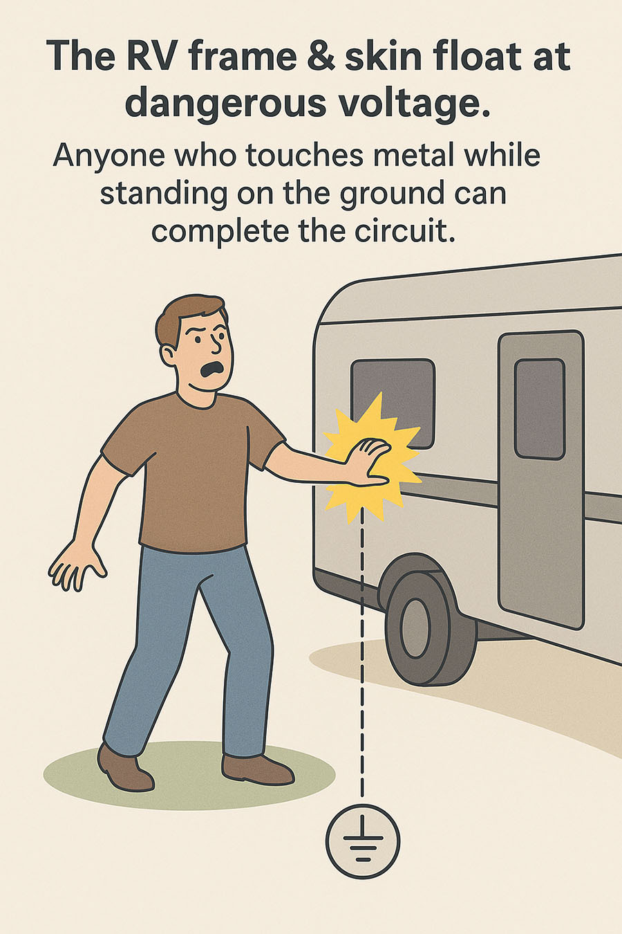 RV hot skin danger illustration showing electrified RV frame completing circuit to ground