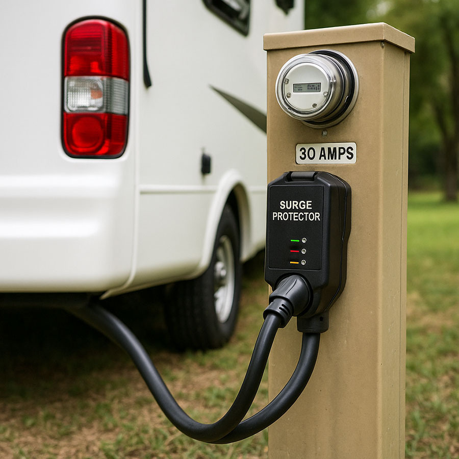 Travel trailer plugged into a campground pedestal using an RV surge protector