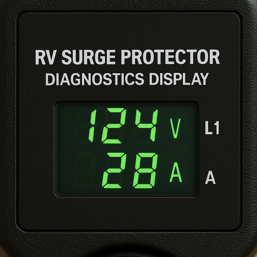 RV surge protector diagnostics display showing voltage and amperage readings