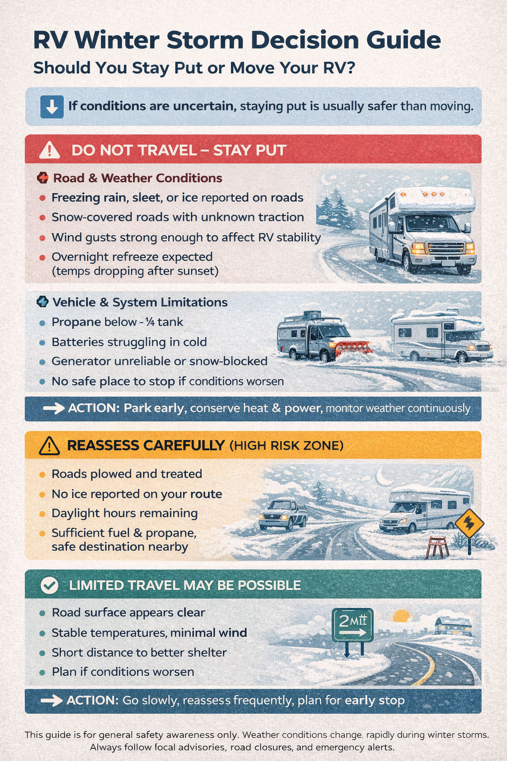 RV Winter Storm Stay Put or Go Decision Guide RV winter storm decision guide infographic showing when to stay put or travel