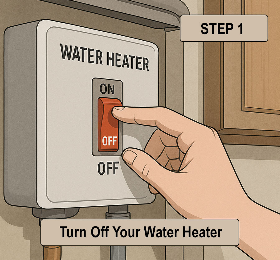 RV owner turning off the water heater before sanitizing the fresh water tank