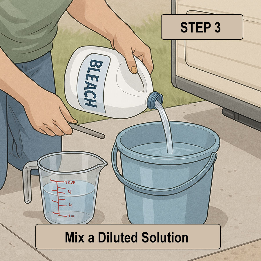 Mixing diluted bleach sanitizing solution in a bucket before adding to RV tank