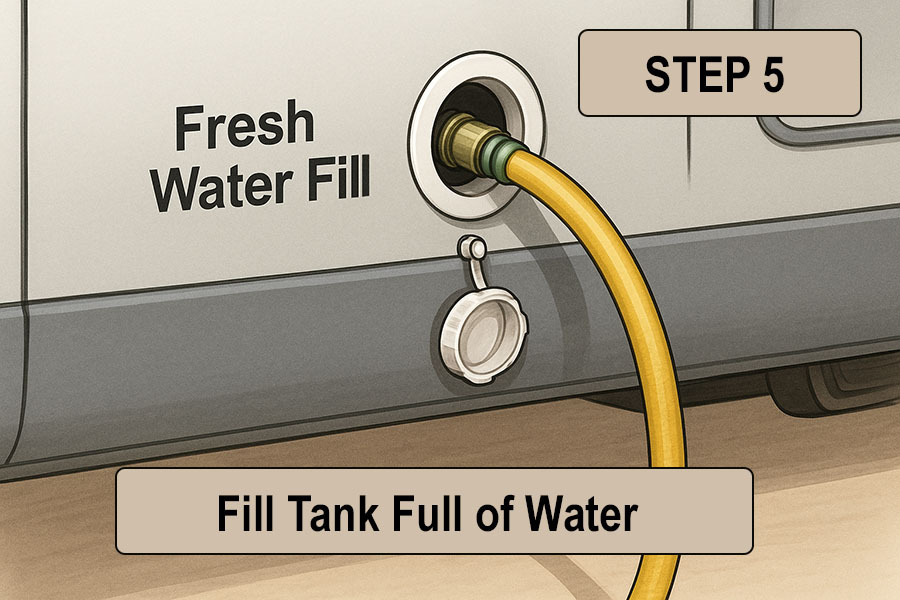 RV owner filling tank through the gravity fill port with a hose