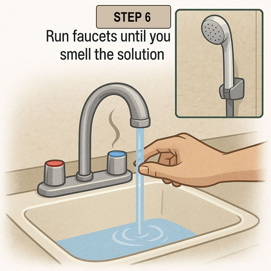 Running faucets to draw sanitizing solution throughout the RV plumbing