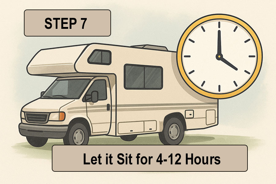 RV sitting while sanitizing solution soaks for several hours