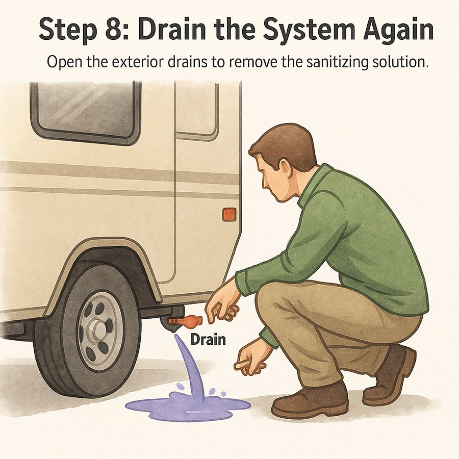 Draining sanitizing solution from the fresh water system