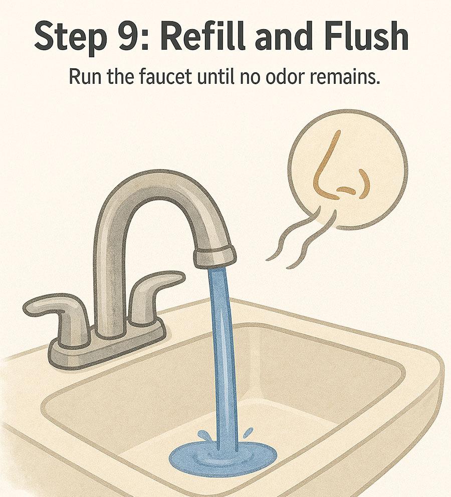 Flushing clear water through faucets to remove chlorine smell