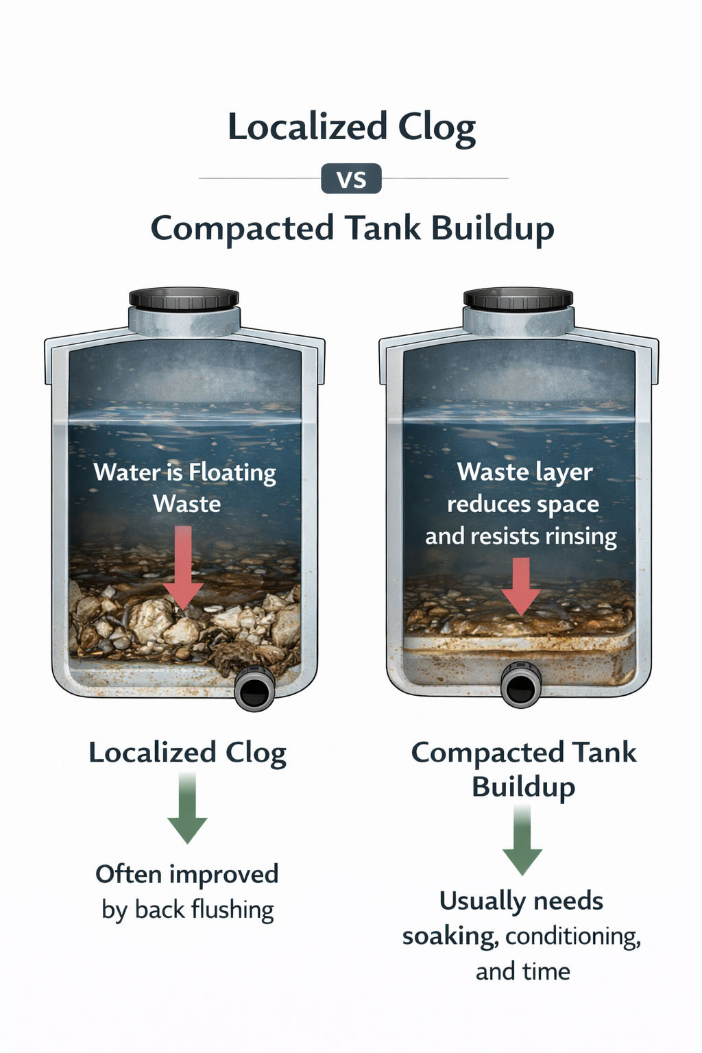 Clearing a clogged RV black tank vs cleaning hardened buildup in a black tank