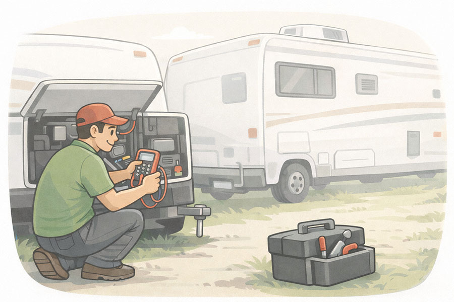 Illustration of RV generator troubleshooting with a multimeter next to an RV