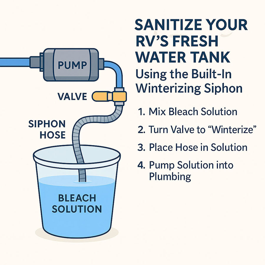 Illustration showing how to add sanitizing solution using an RV winterizing siphon for pressurized fresh water systems
