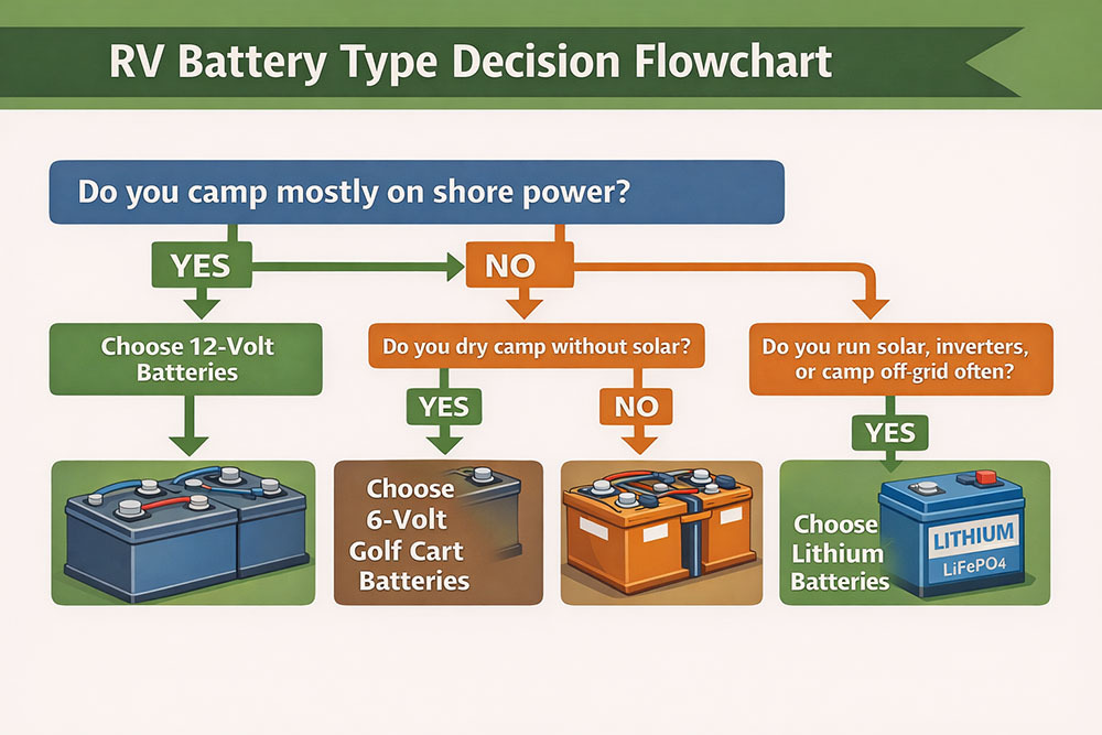What Type of RV Battery Do I Need? RV battery type decision flowchart showing whether to choose 12 volt, 6 volt, or lithium batteries