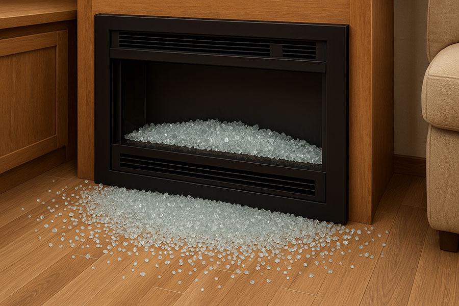 rv fireplace glass shattered
